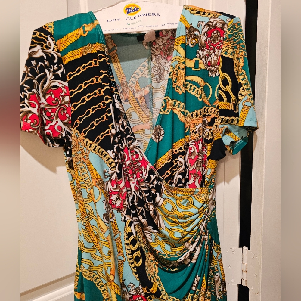 Green Multicolored Baroque Short Sleeve Midi Dress Size XL